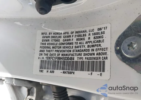 2017 Honda Civic Touring из США, поврежденный, VIN 19XFC1F99HE030484